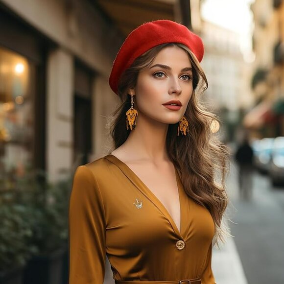 JEICY Red Wool French Beret Hat for Women – Classic Lightweight Beret with Scarf - Picture 7 of 7